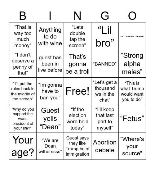 Dean Bingo Card