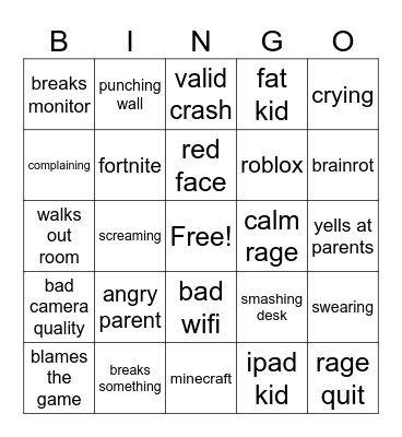 gen alpha crashout bingo Card