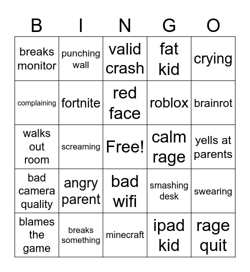 gen alpha crashout bingo Card