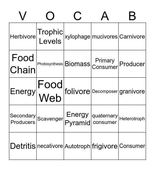Food Web Bingo Card