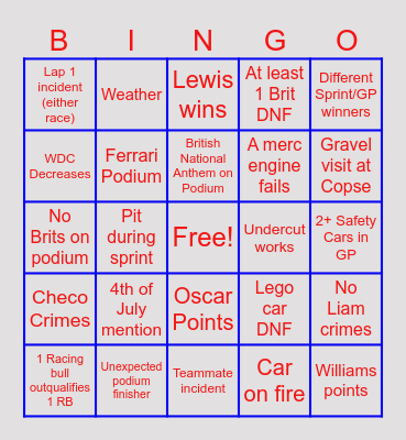 Silverstone Bingo Card