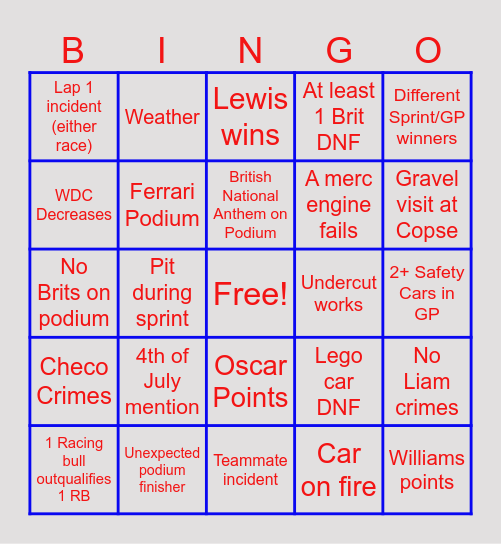 Silverstone Bingo Card