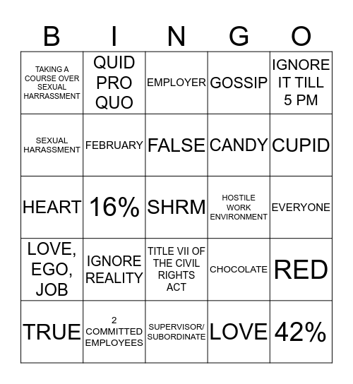 "ROMANCE IN THE WORK PLACE" Bingo Card