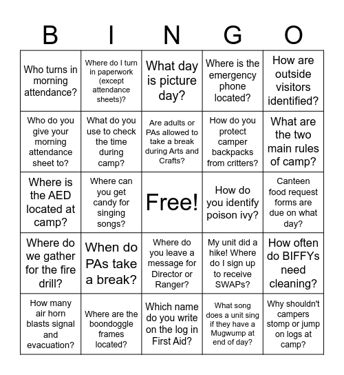 Outdoor Training Bingo Card