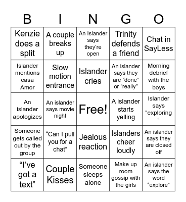 Love Island Bingo Card