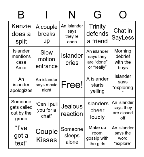 Love Island Bingo Card