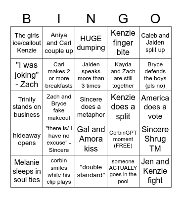 Love Island Bingo Card