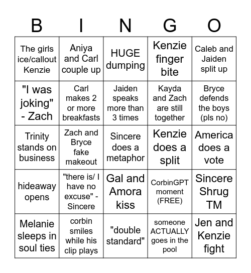 Love Island Bingo Card