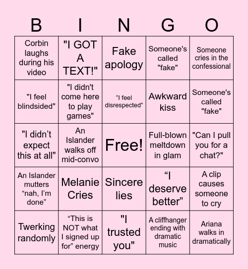 Love Island Bingo Card