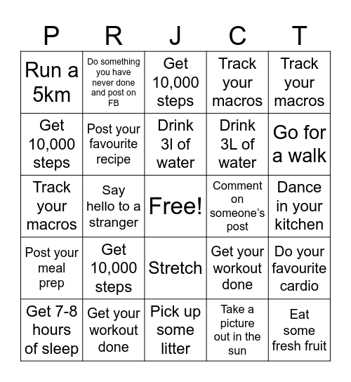 Fitness Week Bingo Card
