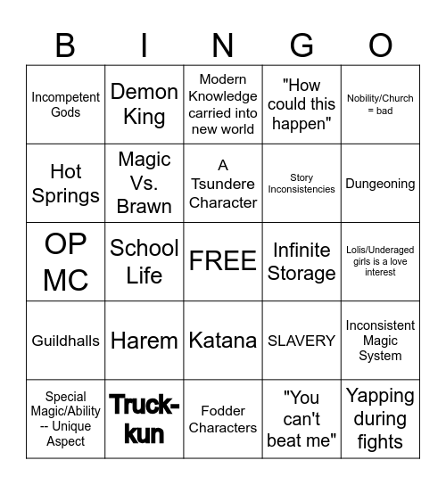 Isekai Bingo Card
