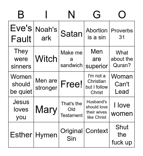 Bible God Hates Women Bingo Card