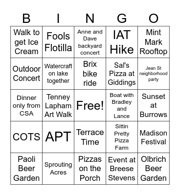 Madison Summer Bingo Card
