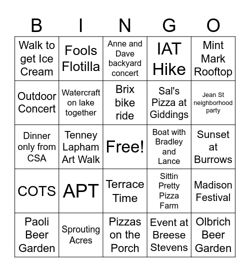 Madison Summer Bingo Card