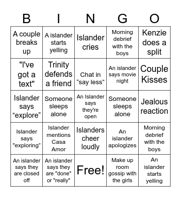 Love island Bingo Card