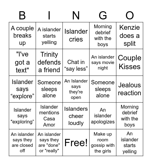 Love island Bingo Card