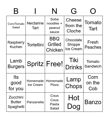 Things to Eat Bingo Card