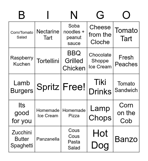 Things to Eat Bingo Card