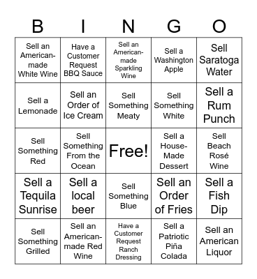 4th of July Restaurant Fun Bingo Card