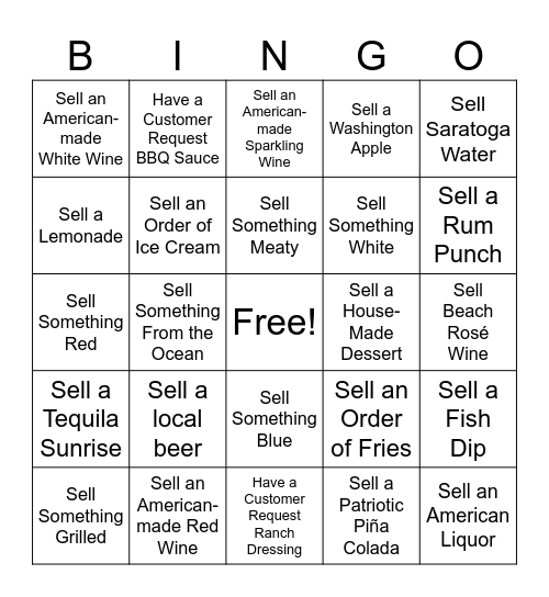 4th of July Restaurant Fun Bingo Card