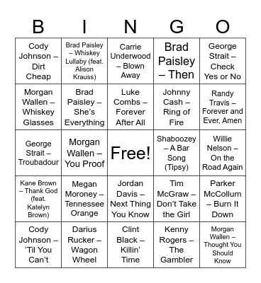 Country Singo Bingo Card
