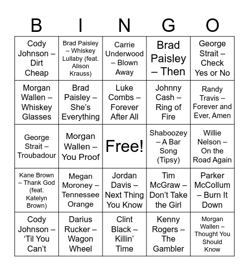 Country Singo Bingo Card