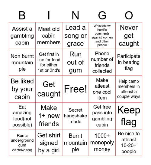 4-H camp nawaka nick'o'b's bingo card Bingo Card