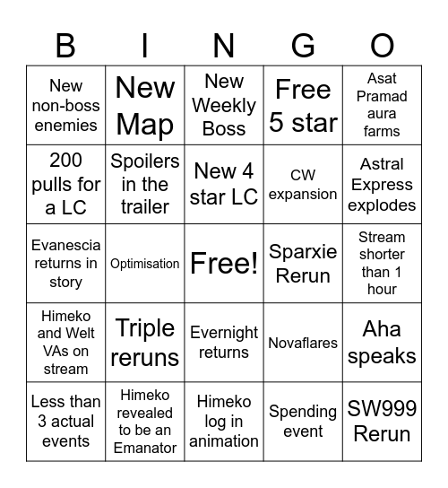 HSR 4.4 Stream Bingo Card