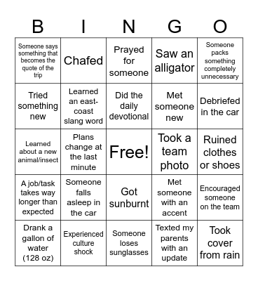 Natives Trip Bingo Card