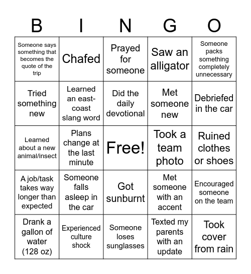 Natives Trip Bingo Card