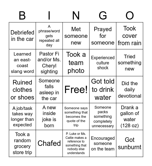 Natives Trip Bingo Card
