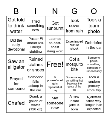 Natives Trip Bingo Card