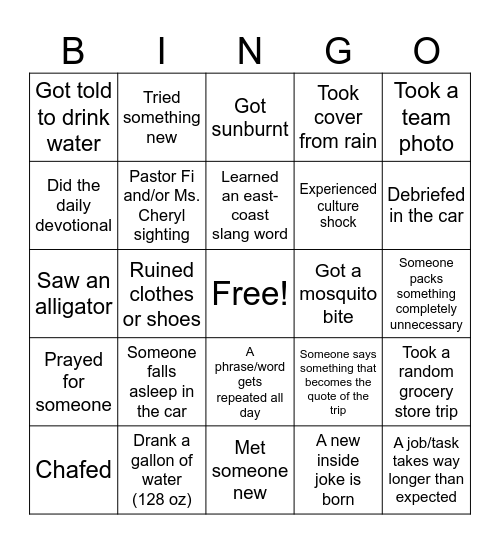 Natives Trip Bingo Card