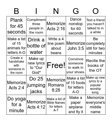 Activity Bingo Card