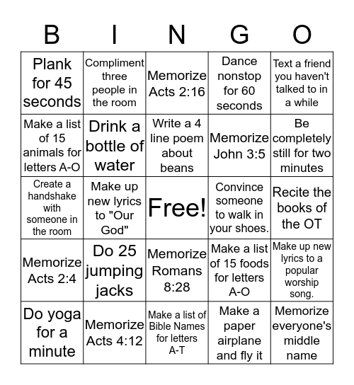 Activity Bingo Card