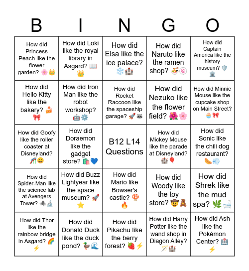 B12 L14 How did you like the giant aquarium at the zoo? 🐠🏞️ Bingo Card
