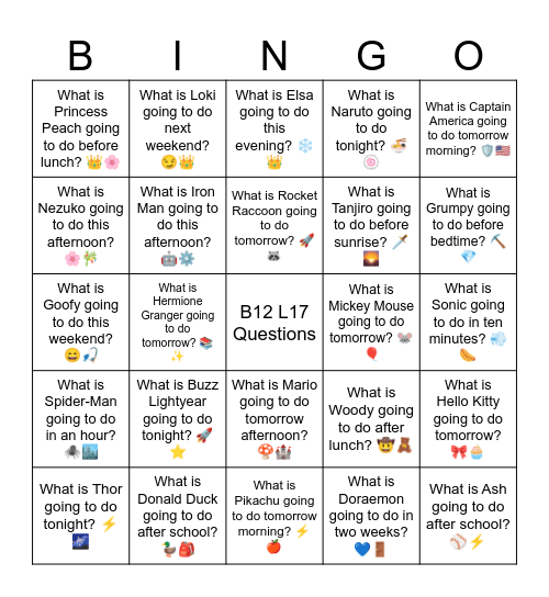 B12 L17 What is Naruto going to do tonight? 🍜🍥 Bingo Card