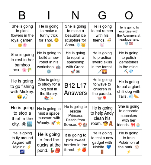 B12 L17 He is going to practice sword skills in the forest. 🗡️🌄 Bingo Card