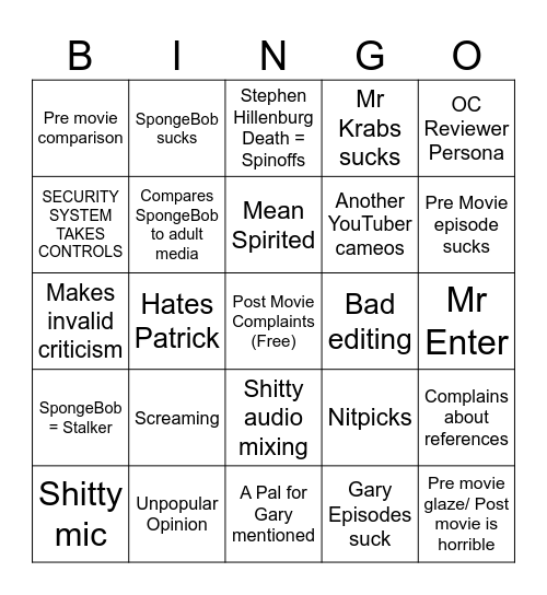 SpongeBob Reviewer Bingo Card