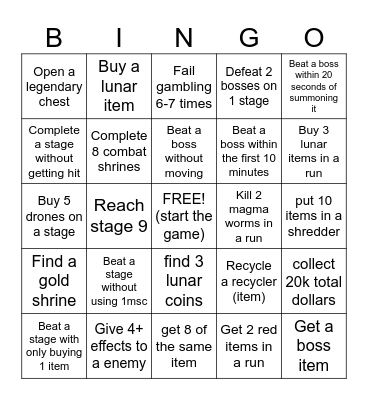 Risk of rain Bingo Card