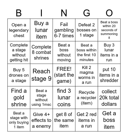 Risk of rain Bingo Card