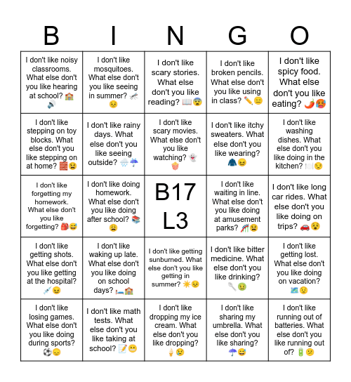 B17 L3 What else don't you like? Bingo Card