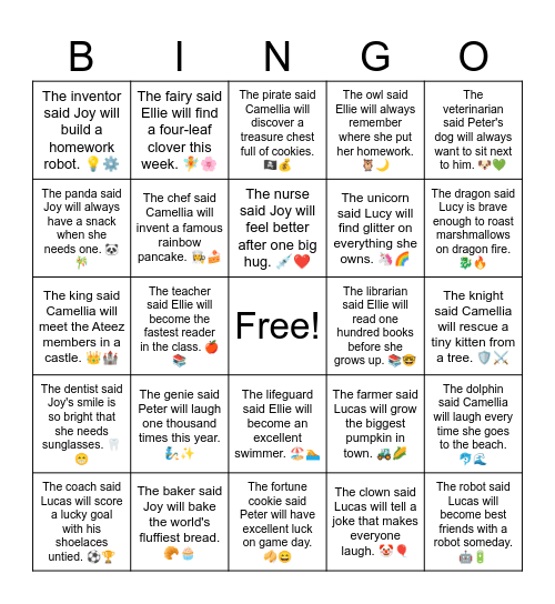 B21 L15 The fairy said Ellie will find a four-leaf clover this week. 🧚🌸 Bingo Card