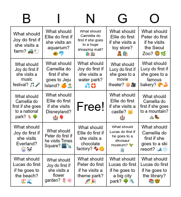 What should Lucy do first if she goes to a movie theater? 🍿🎥 Bingo Card