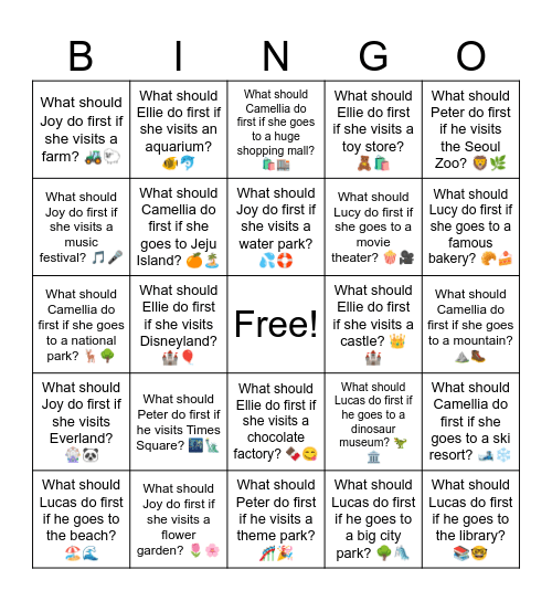 What should Lucy do first if she goes to a movie theater? 🍿🎥 Bingo Card
