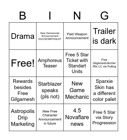 HSR 4.4 LiveStream Predictions Bingo Card