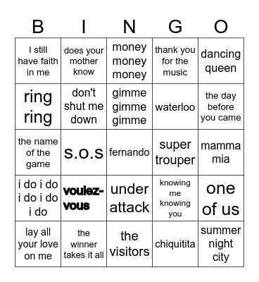 ABBA BINGO Card