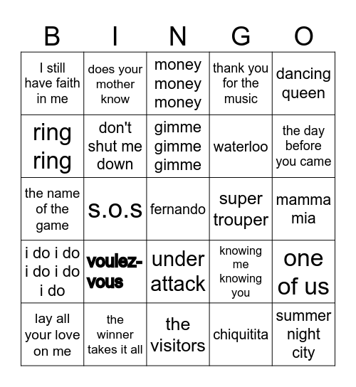 ABBA BINGO Card