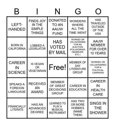 AAUW SFV 95TH ANNIVERSARY Bingo Card