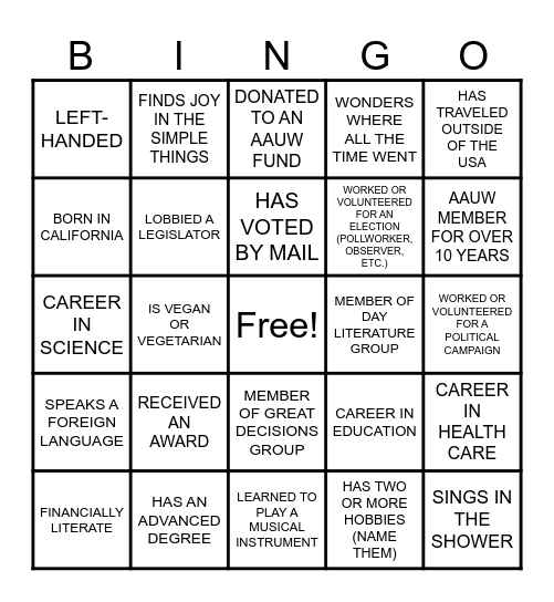 AAUW SFV 95TH ANNIVERSARY Bingo Card